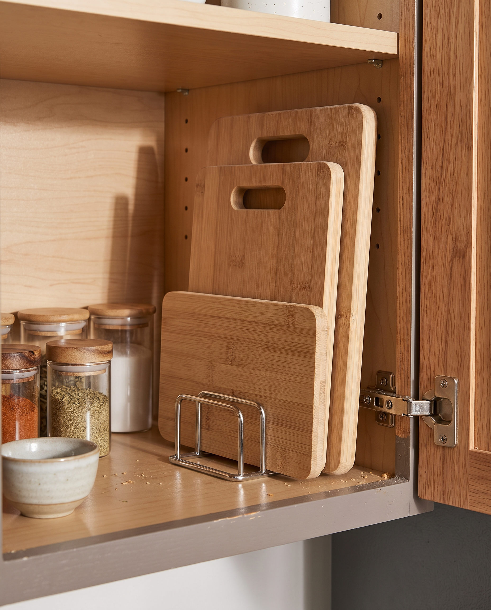 Stainless Steel Pot Lid & Cutting Board Organizer in a practical small-space lifestyle setting