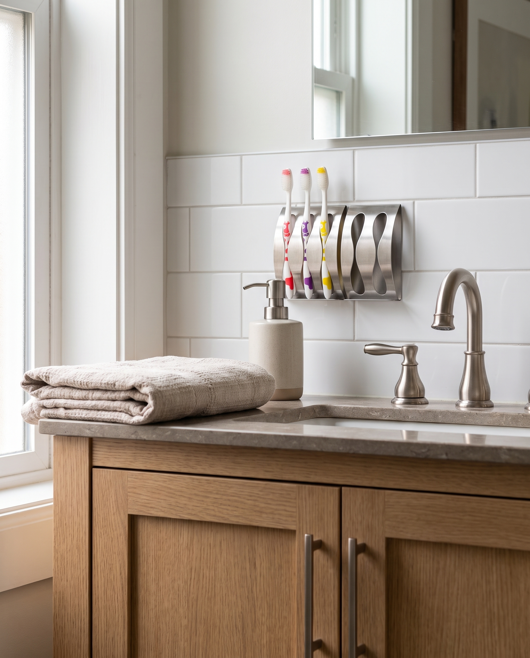 Self-Adhesive Wall-Mounted Toothbrush Holder, 2/3 Hooks in a practical small-space lifestyle setting