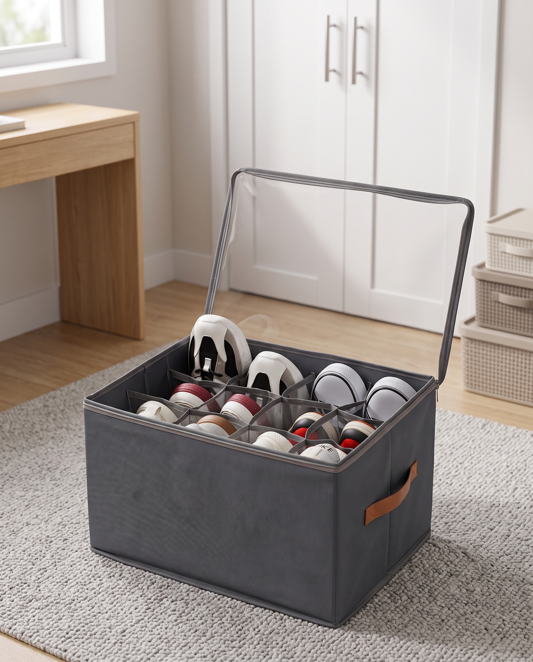 Foldable Oxford Fabric Shoe Storage Organizer in a practical small-space lifestyle setting