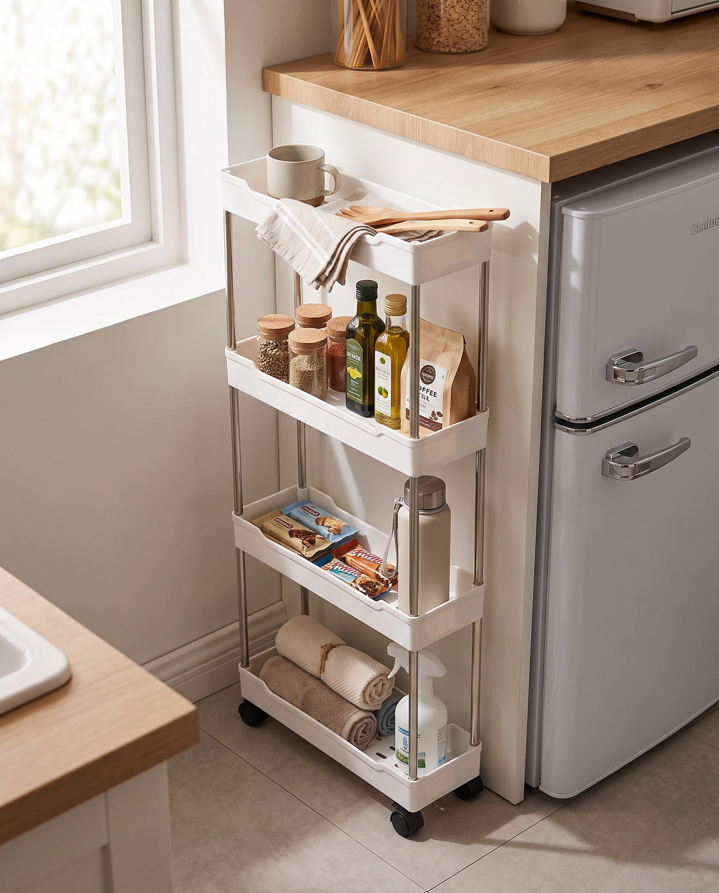 3/4-Tier Slim Rolling Storage Cart in a practical small-space lifestyle setting