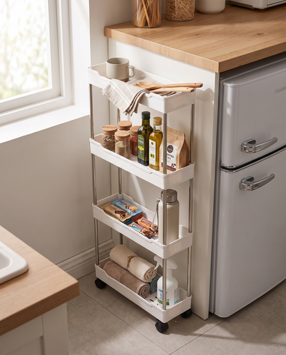 3/4-Tier Slim Rolling Storage Cart in a practical small-space lifestyle setting