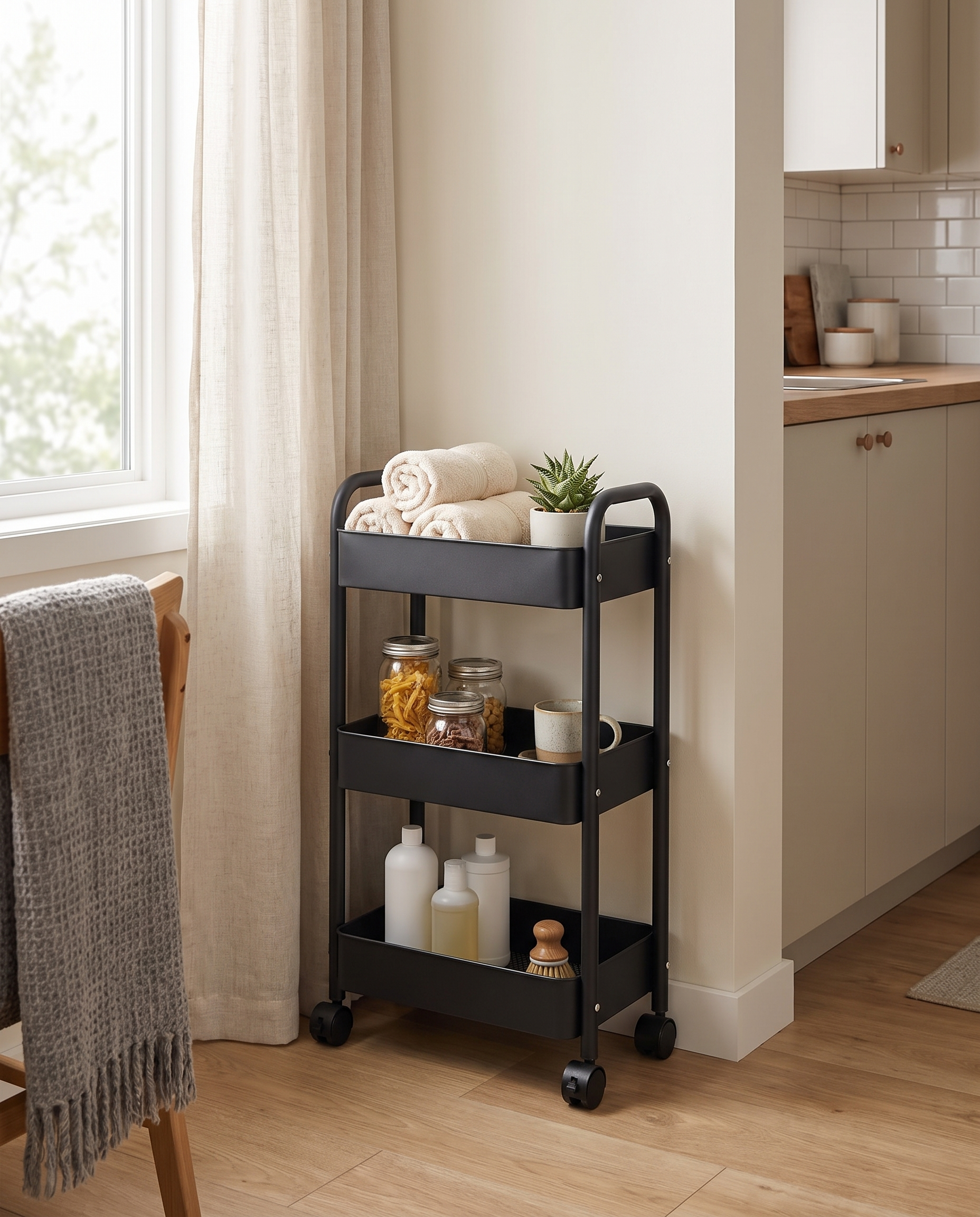 3-Tier Slim Metal Rolling Utility Cart in a practical small-space lifestyle setting