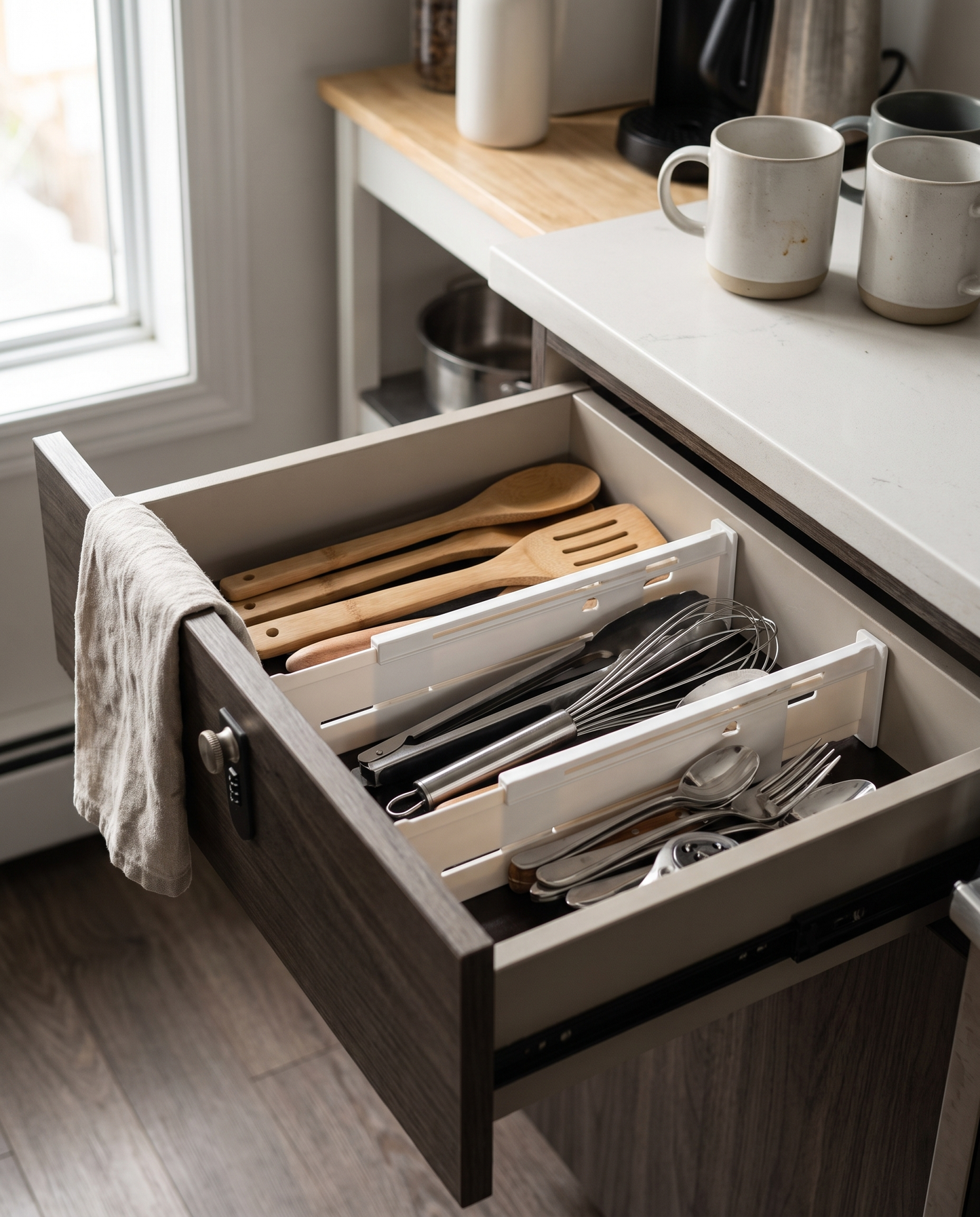 4/6-Piece Expandable Drawer Divider Set in a practical small-space lifestyle setting