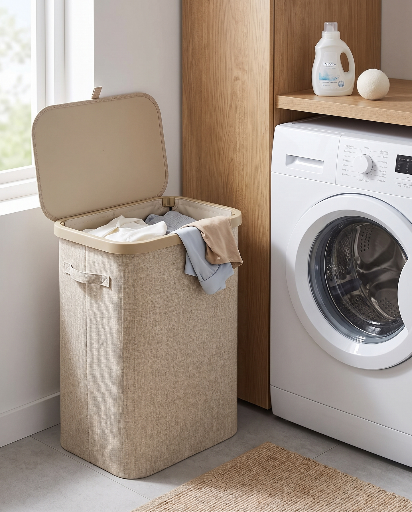 85 L Laundry Hamper with Handles & Inner Bag in a practical small-space lifestyle setting