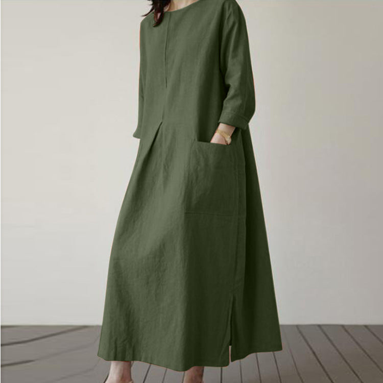 Women's Cotton-Hemp Pocket Dress – Crew Neck, Long Sleeve