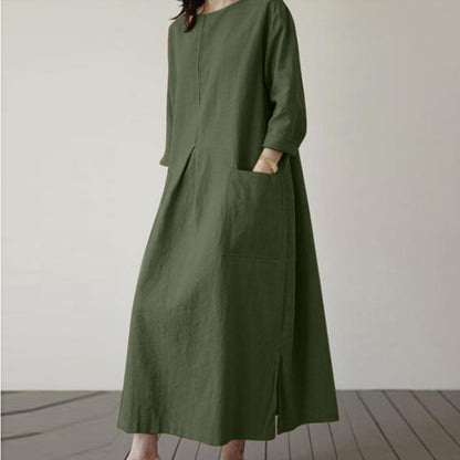 Women's Cotton-Hemp Pocket Dress – Crew Neck, Long Sleeve