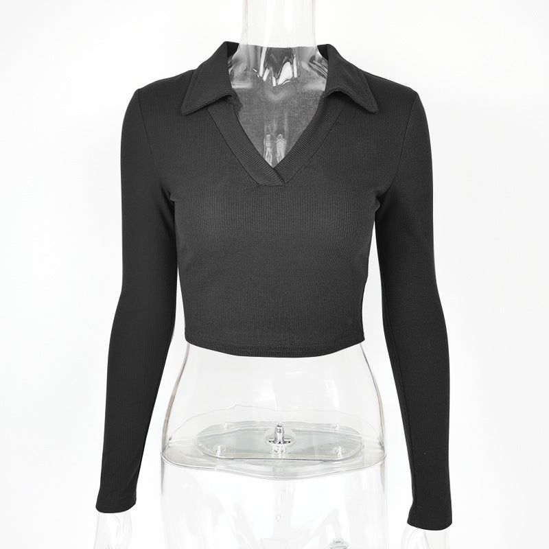 Women's Ribbed Long-Sleeve Crop Top – Polo Collar
