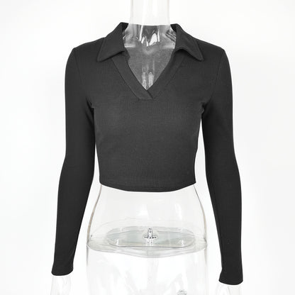 Women's Ribbed Long-Sleeve Crop Top – Polo Collar