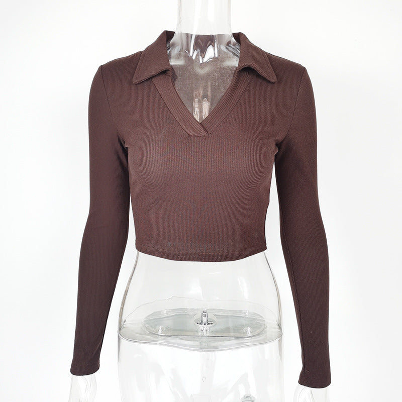 Women's Ribbed Long-Sleeve Crop Top – Polo Collar