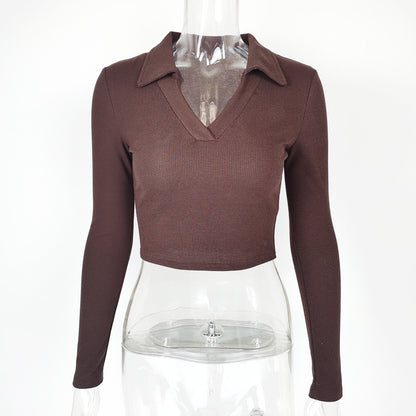 Women's Ribbed Long-Sleeve Crop Top – Polo Collar
