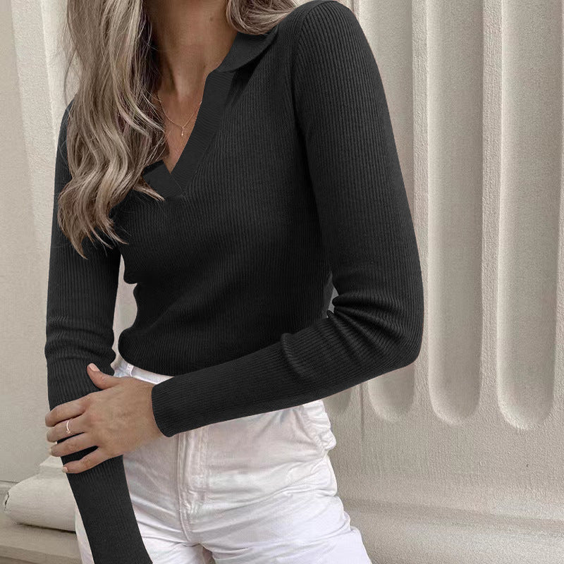 Women's Ribbed Long-Sleeve Crop Top – Polo Collar