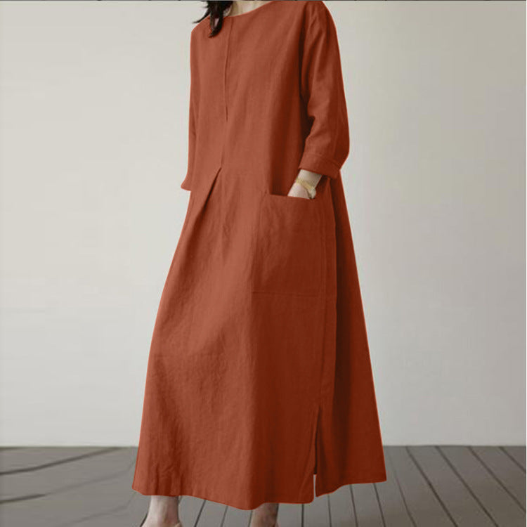 Women's Cotton-Hemp Pocket Dress – Crew Neck, Long Sleeve