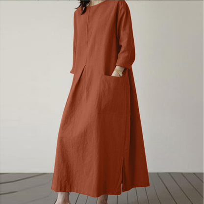 Women's Cotton-Hemp Pocket Dress – Crew Neck, Long Sleeve