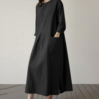 Women's Cotton-Hemp Pocket Dress – Crew Neck, Long Sleeve