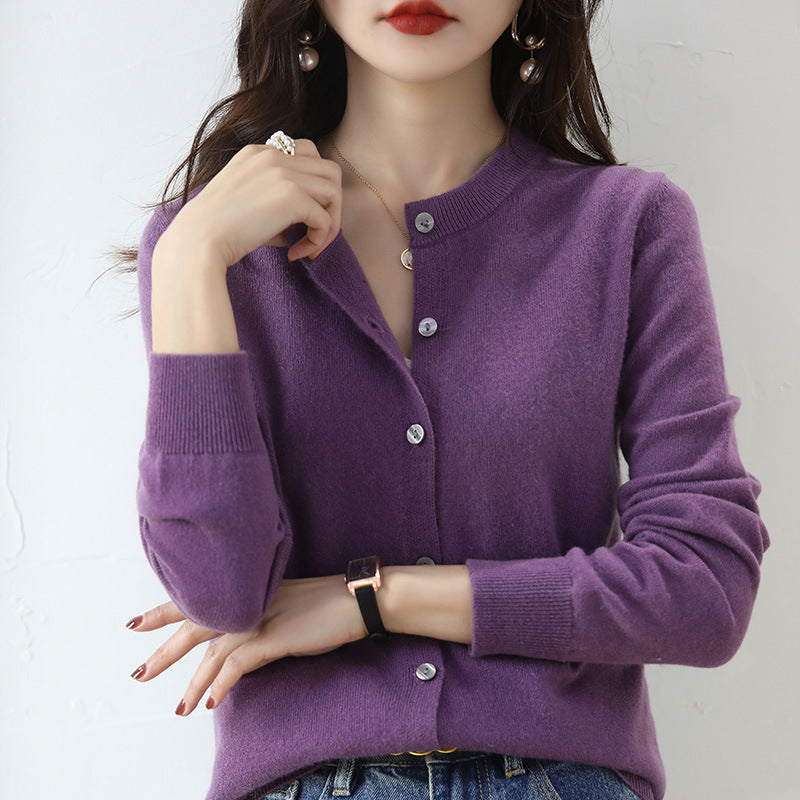 Women's Round-Neck Knit Cardigan – Long Sleeve, Button Front