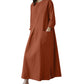 Women's Cotton-Hemp Pocket Dress – Crew Neck, Long Sleeve