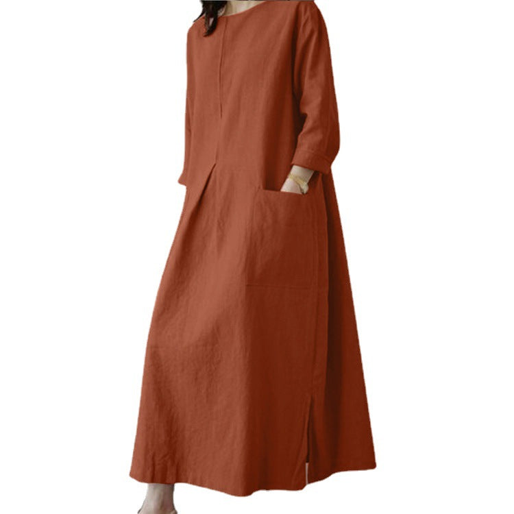 Women's Cotton-Hemp Pocket Dress – Crew Neck, Long Sleeve