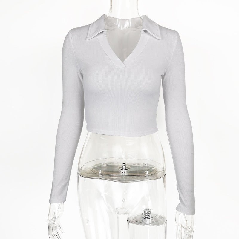 Women's Ribbed Long-Sleeve Crop Top – Polo Collar