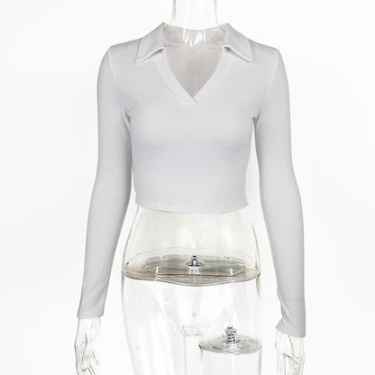 Women's Ribbed Long-Sleeve Crop Top – Polo Collar