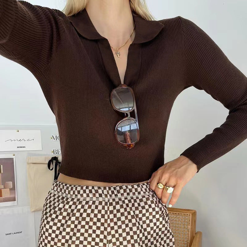 Women's Ribbed Long-Sleeve Crop Top – Polo Collar