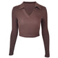 Women's Ribbed Long-Sleeve Crop Top – Polo Collar