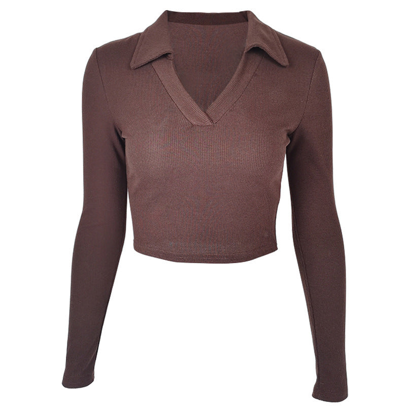 Women's Ribbed Long-Sleeve Crop Top – Polo Collar