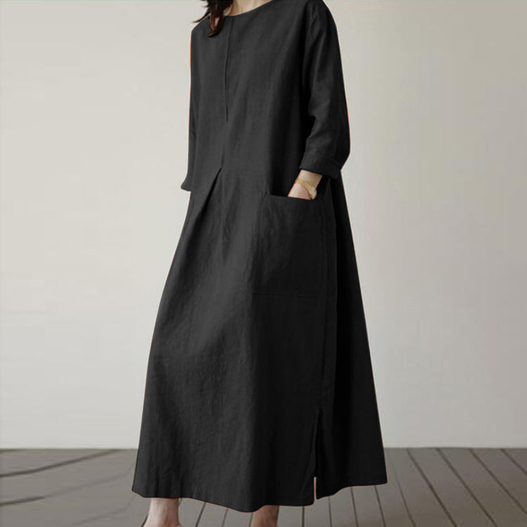 Women's Cotton-Hemp Pocket Dress – Crew Neck, Long Sleeve