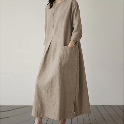 Women's Cotton-Hemp Pocket Dress – Crew Neck, Long Sleeve
