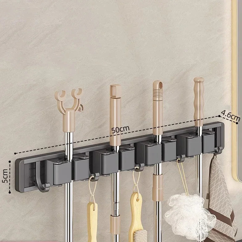 3–5 Hook Wall-Mounted Broom & Mop Holder