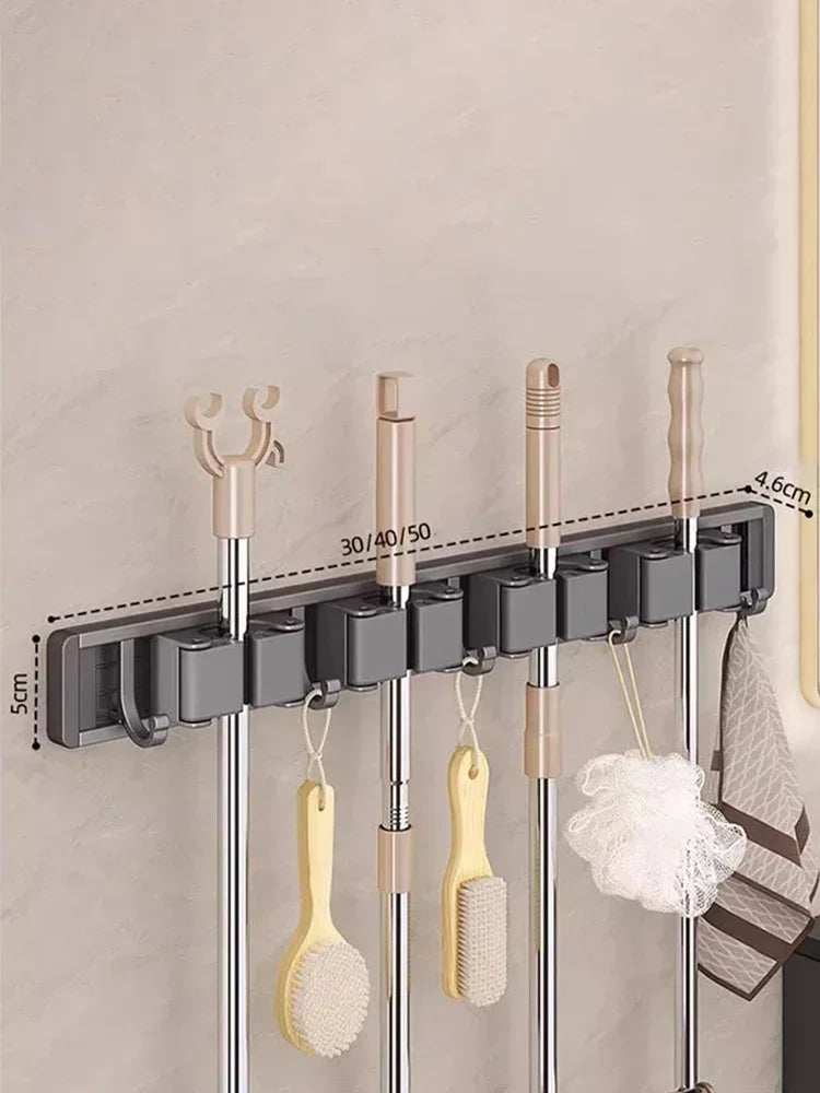 3–5 Hook Wall-Mounted Broom & Mop Holder