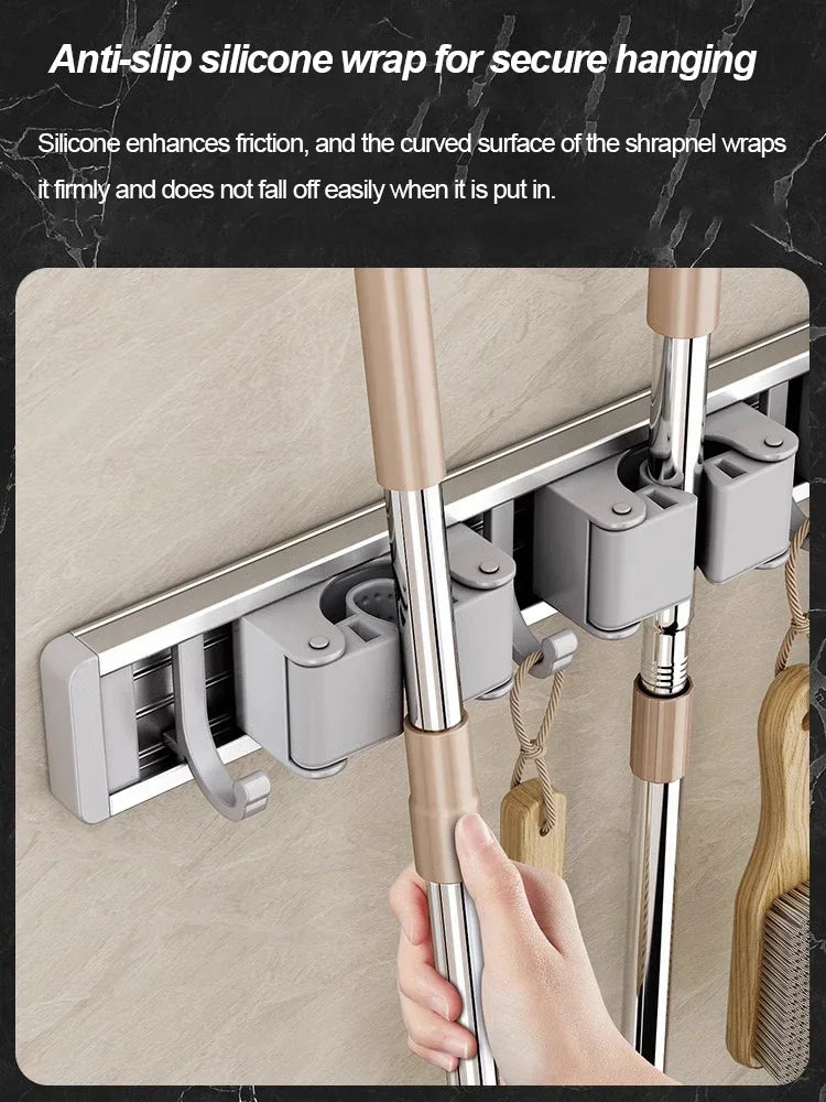 3–5 Hook Wall-Mounted Broom & Mop Holder