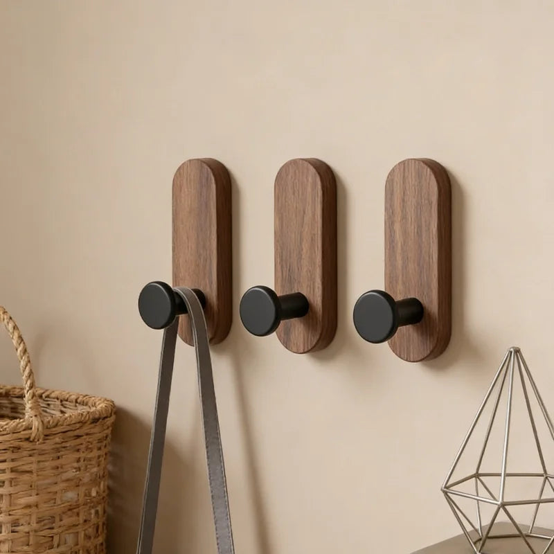 Self-Adhesive Walnut Wood Wall Hooks – 1, 2 or 4 Pack