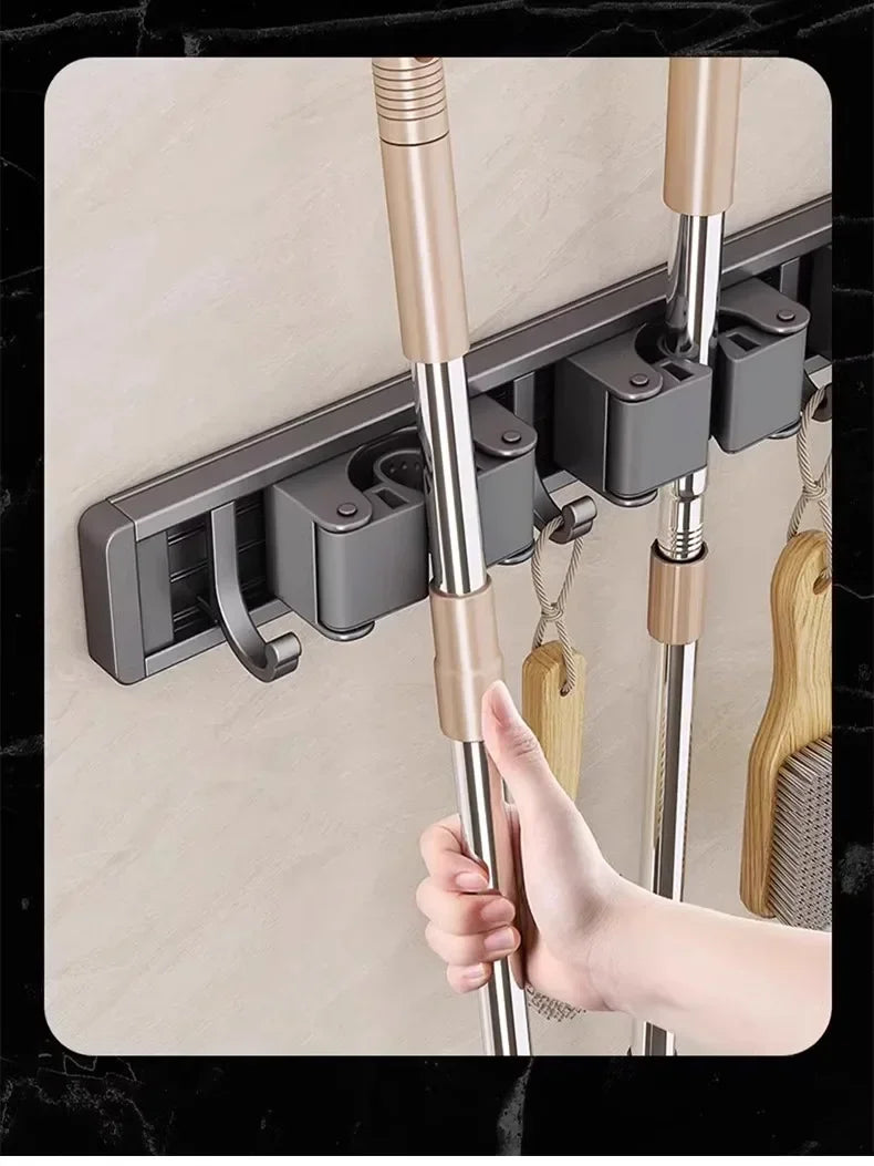 3–5 Hook Wall-Mounted Broom & Mop Holder