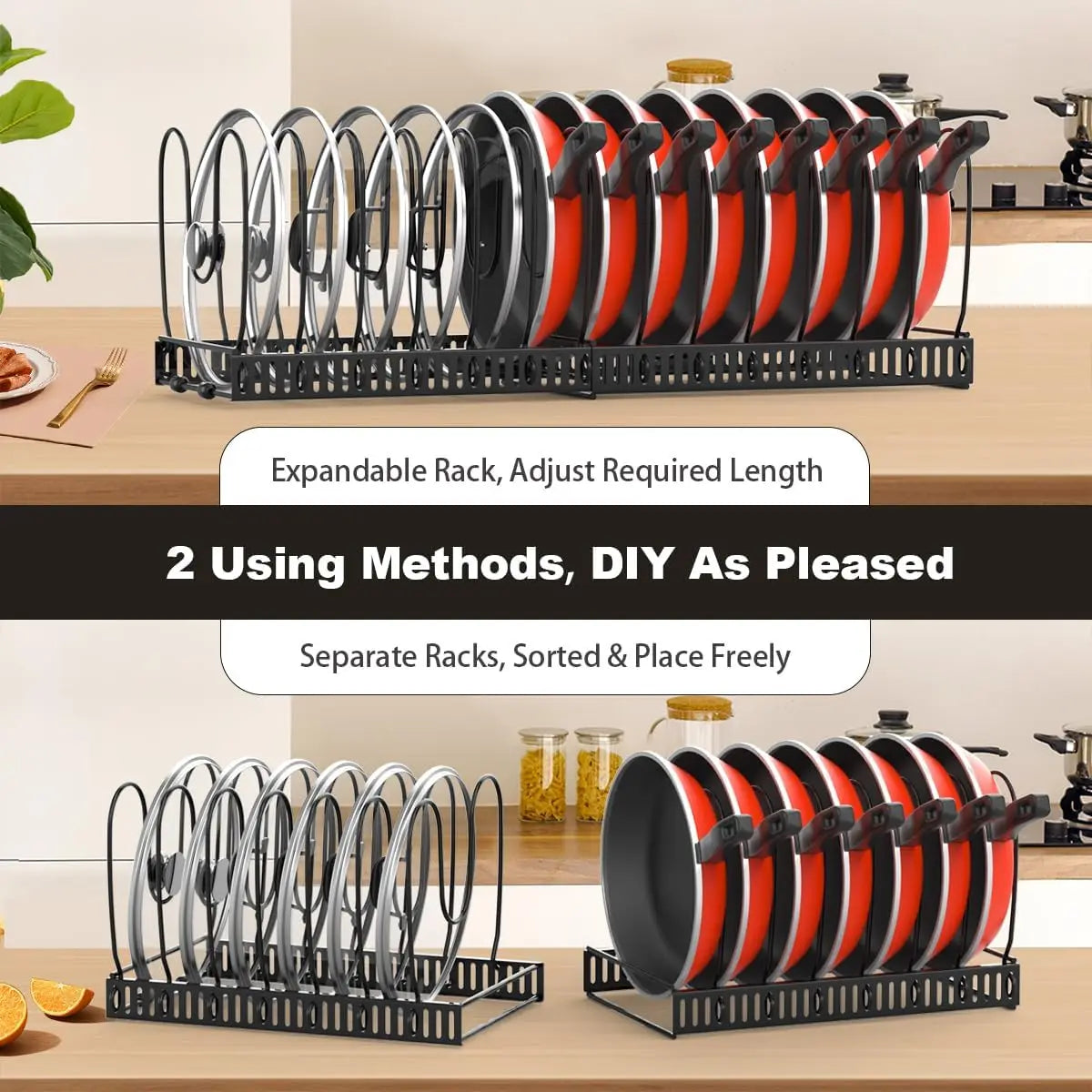 Expandable Pot, Pan & Lid Organizer with 10 Dividers