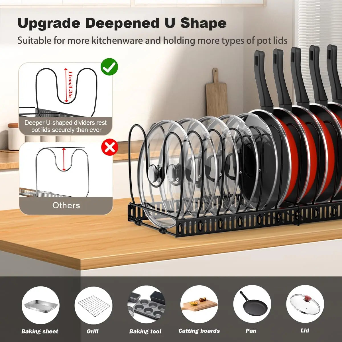 Expandable Pot, Pan & Lid Organizer with 10 Dividers