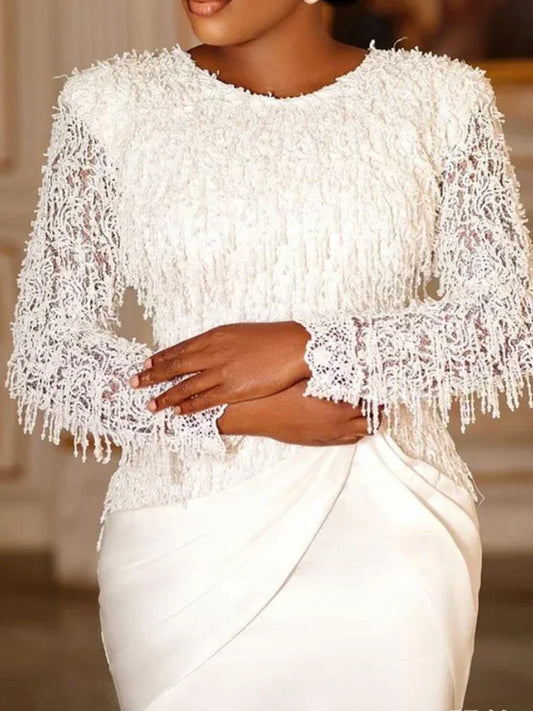 Women's White Long-Sleeve Lace Dress with Wrap Skirt