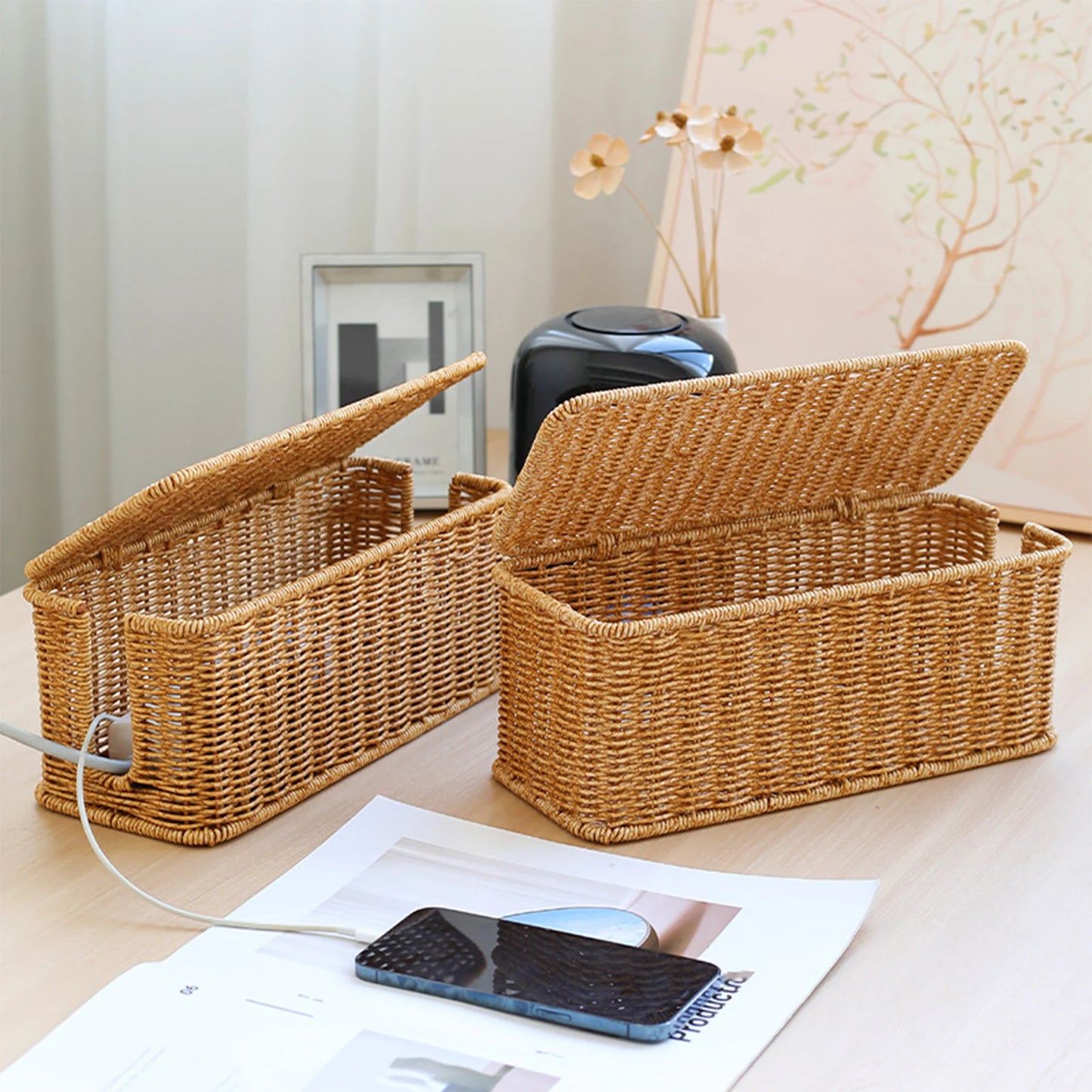 Hand-Woven Cable Management Box for Desk & TV Areas