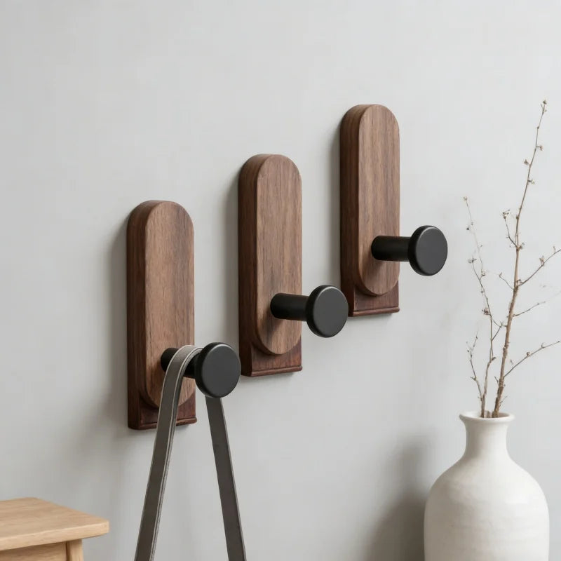 Self-Adhesive Walnut Wood Wall Hooks – 1, 2 or 4 Pack
