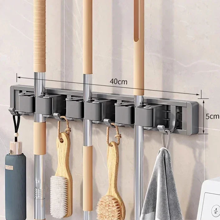 3–5 Hook Wall-Mounted Broom & Mop Holder