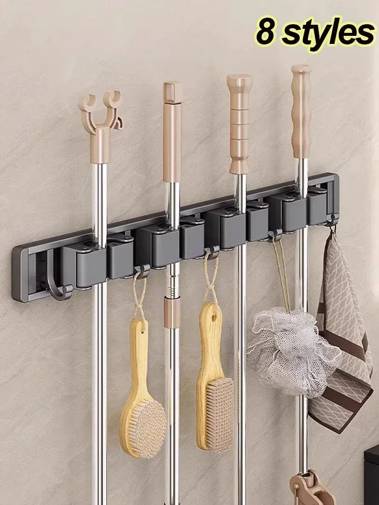 3–5 Hook Wall-Mounted Broom & Mop Holder