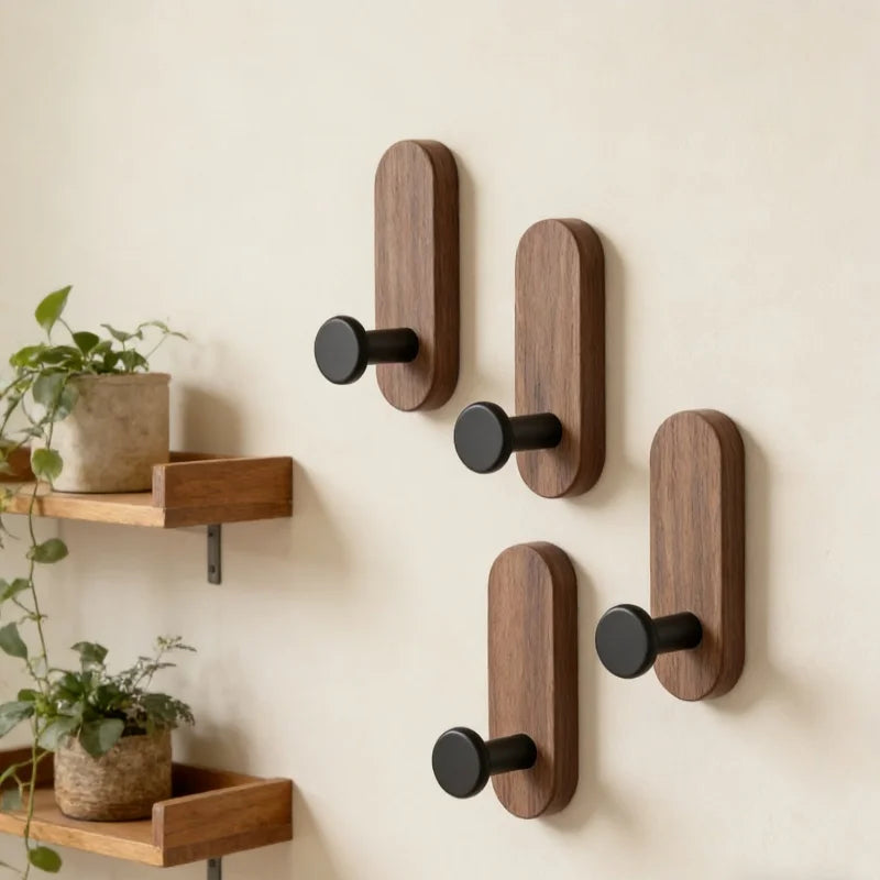 Self-Adhesive Walnut Wood Wall Hooks – 1, 2 or 4 Pack