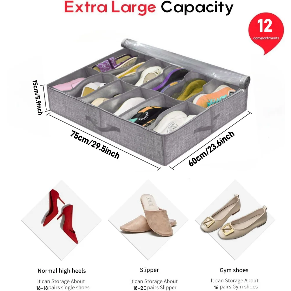 12-Pair Under-Bed Shoe Organizer with Reinforced Handles