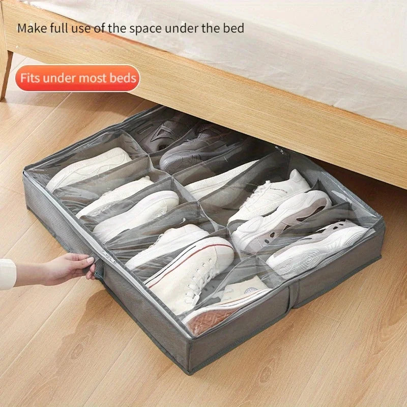 12-Compartment Foldable Under-Bed Shoe Organizer