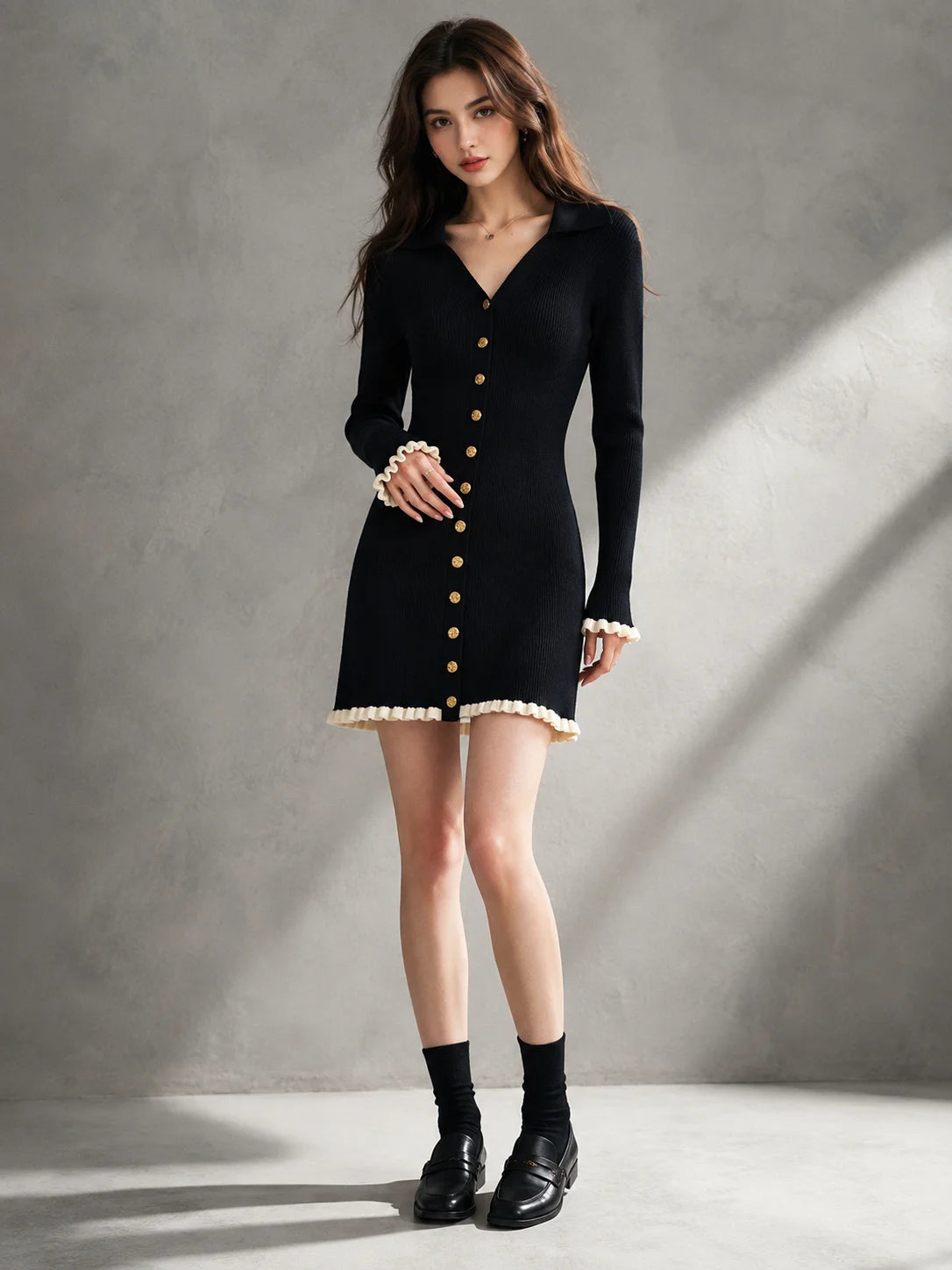 Women's Black Ribbed Knit Mini Sweater Dress