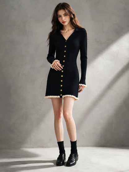 Women's Black Ribbed Knit Mini Sweater Dress
