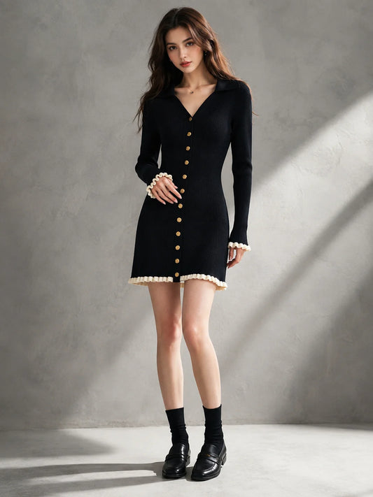Women's Black Ribbed Knit Mini Sweater Dress