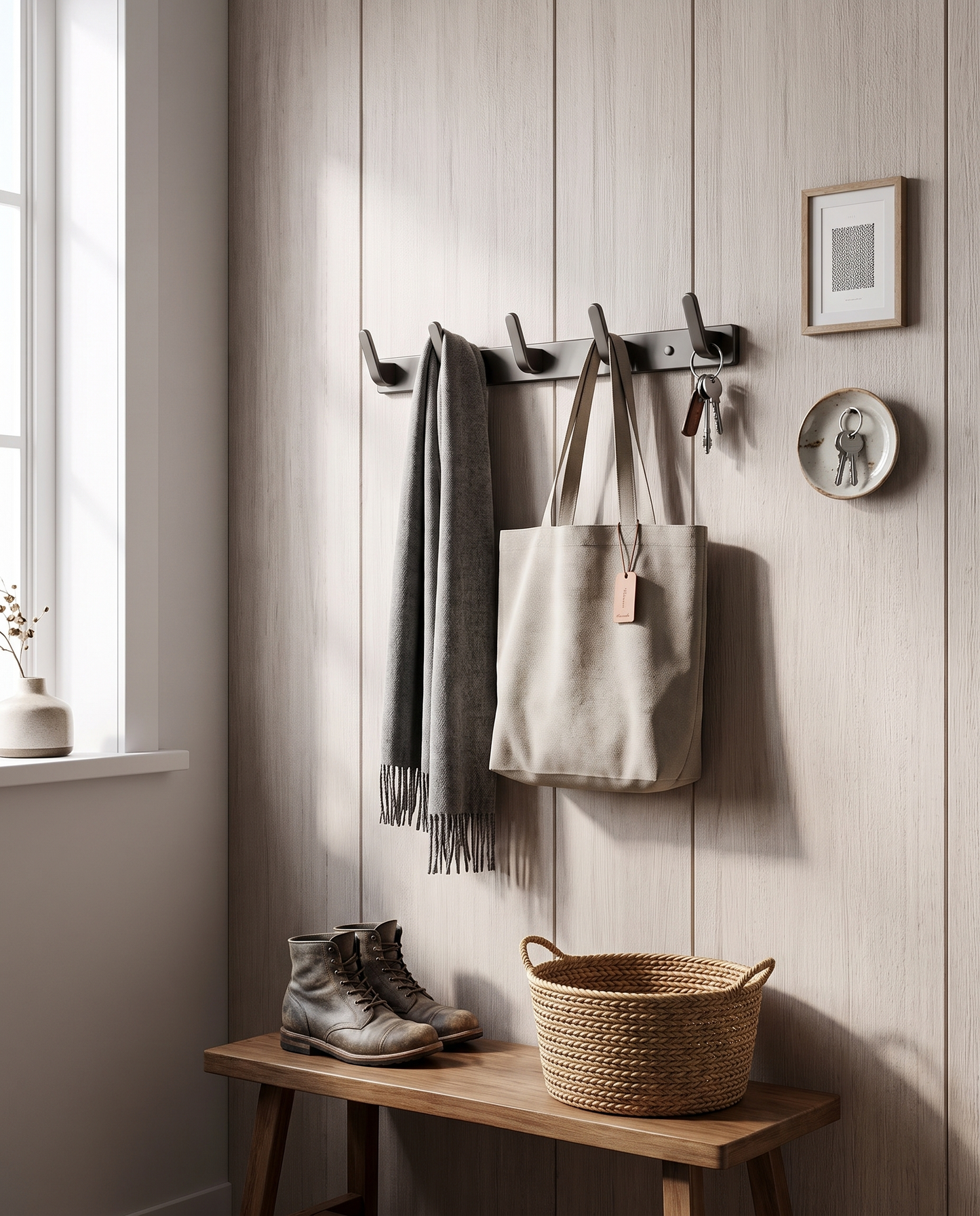 Strong Self-Adhesive Wall Hooks in a practical small-space lifestyle setting