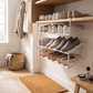 Adjustable Layered Shoe Rack with Hanging Basket in a practical small-space lifestyle setting