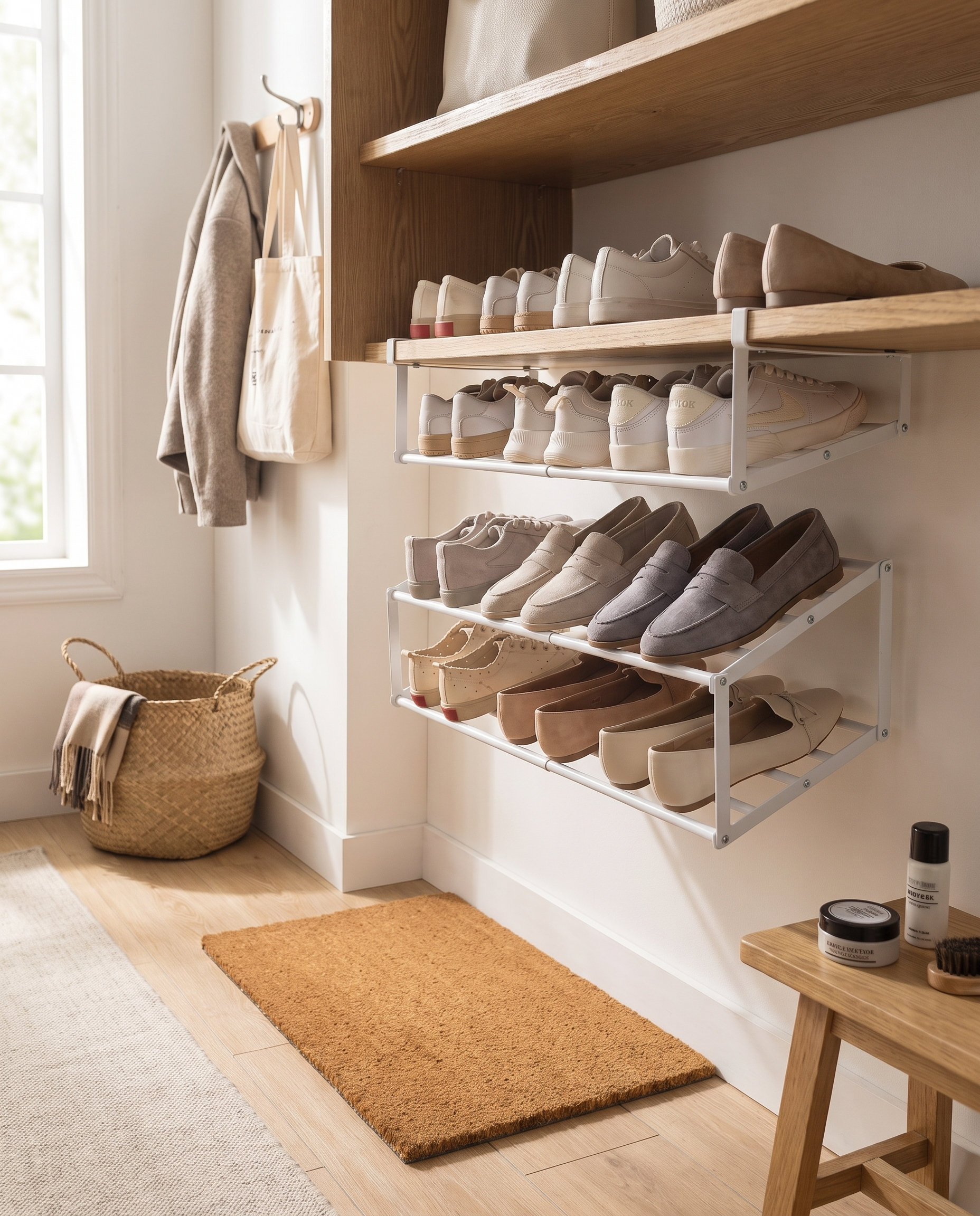 Adjustable Layered Shoe Rack with Hanging Basket in a practical small-space lifestyle setting