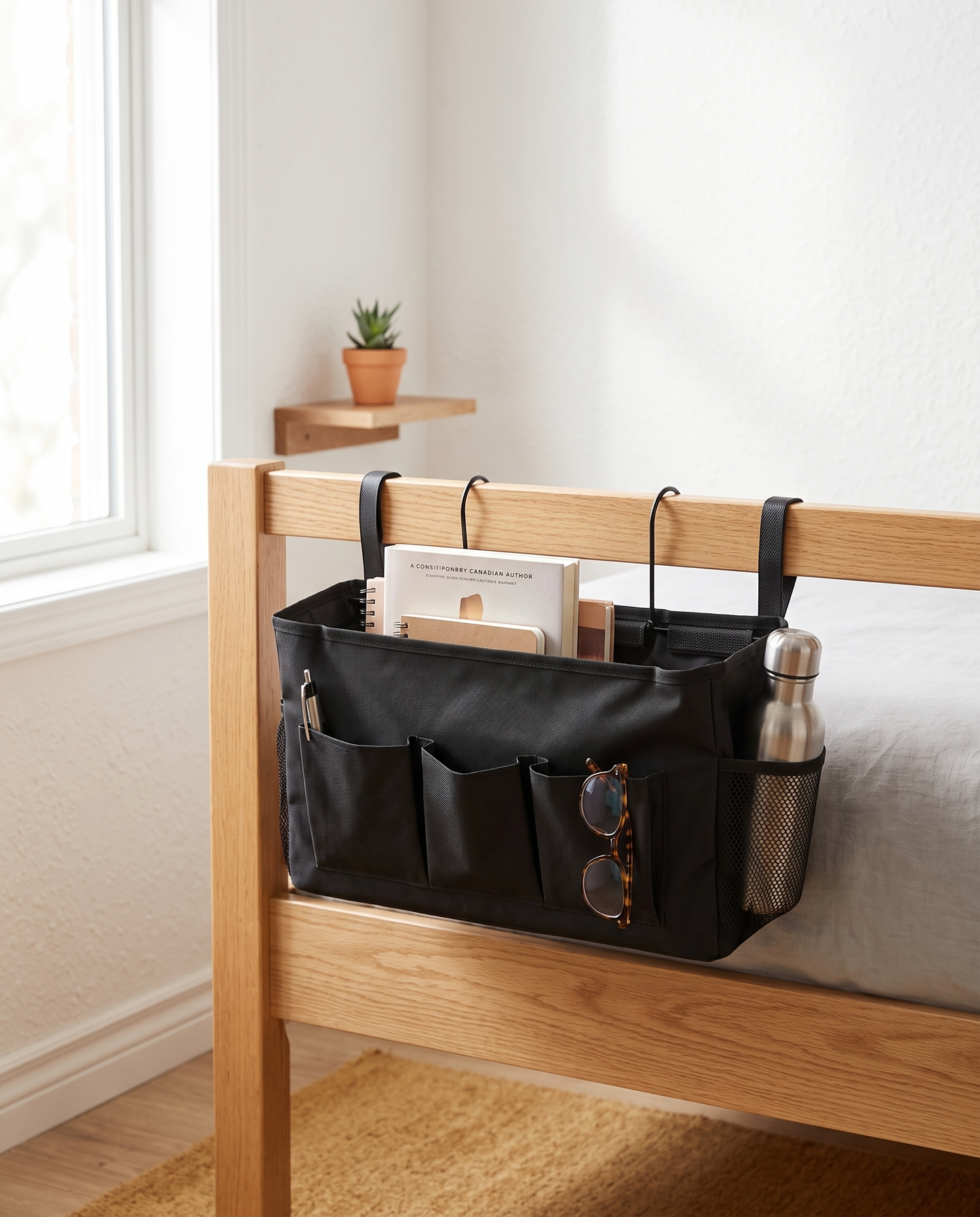 Multi-Pocket Oxford Fabric Bedside Caddy in a practical small-space lifestyle setting